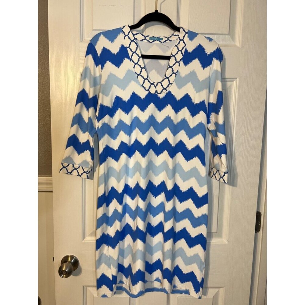 J. McLaughlin Dress Blue White S Small 3/4 Long Sleeve Stretch Shift Washable - Picture 8 of 9